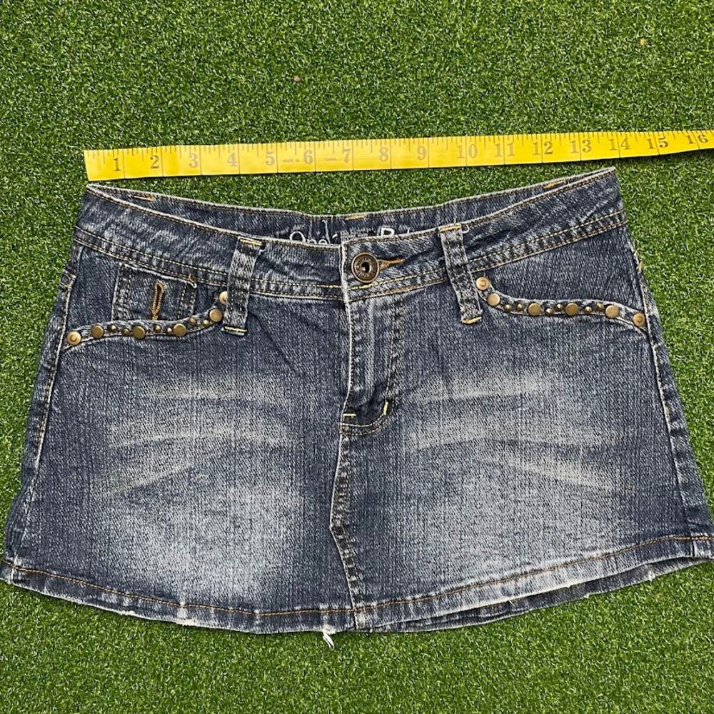 Vintage Y2K 2000s One Tuff Babe Dark Wash Low Rise Embellished Mini Skirt Sz 3/4